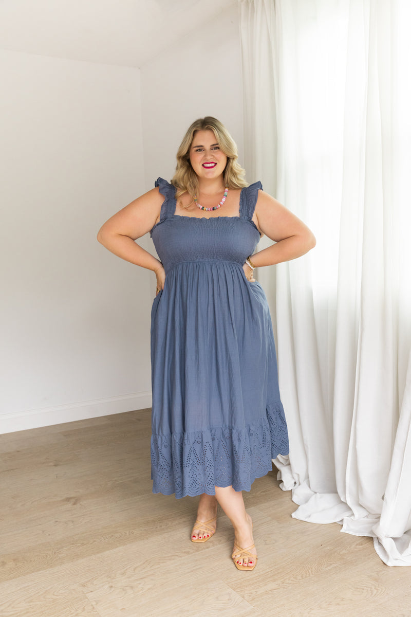 The Mimi Dress in Slate Blue Eyelet – Carla Kiley Collection